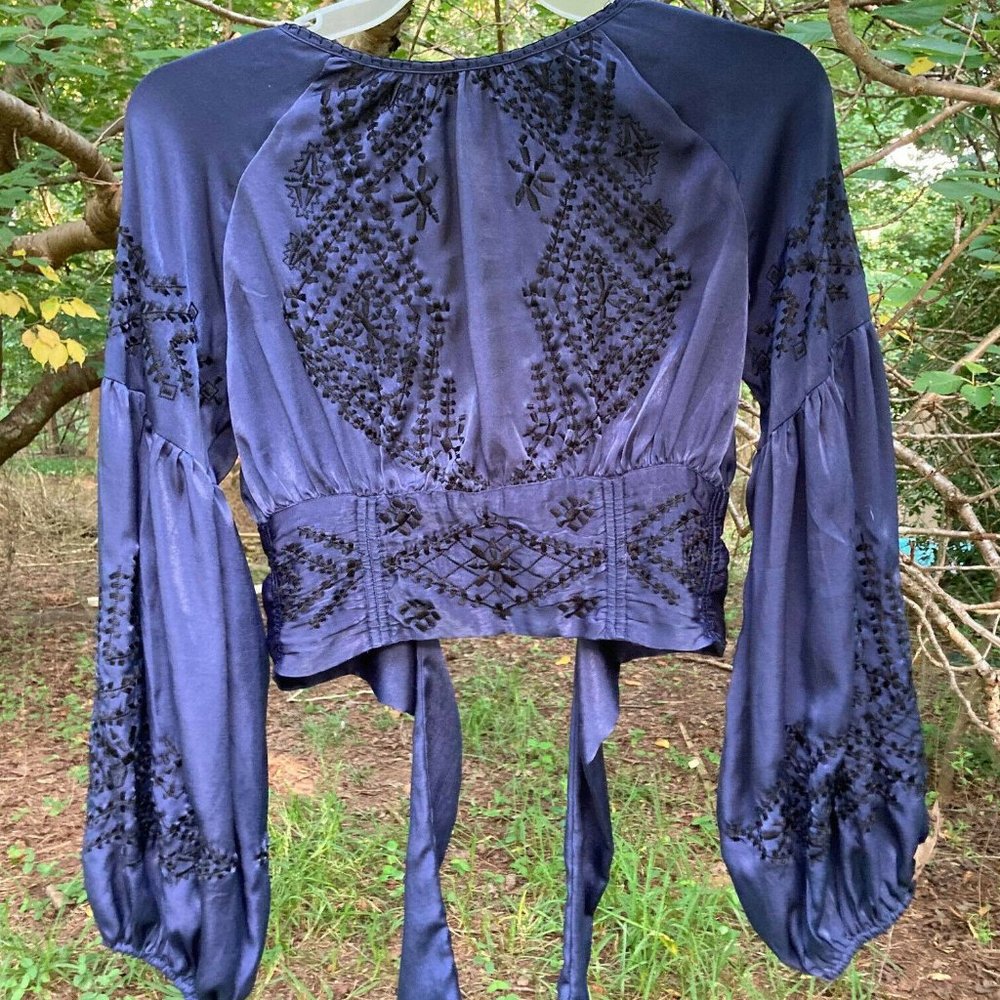 Free People Indigo blue silk embroidered poet sleeve top blouse S $98